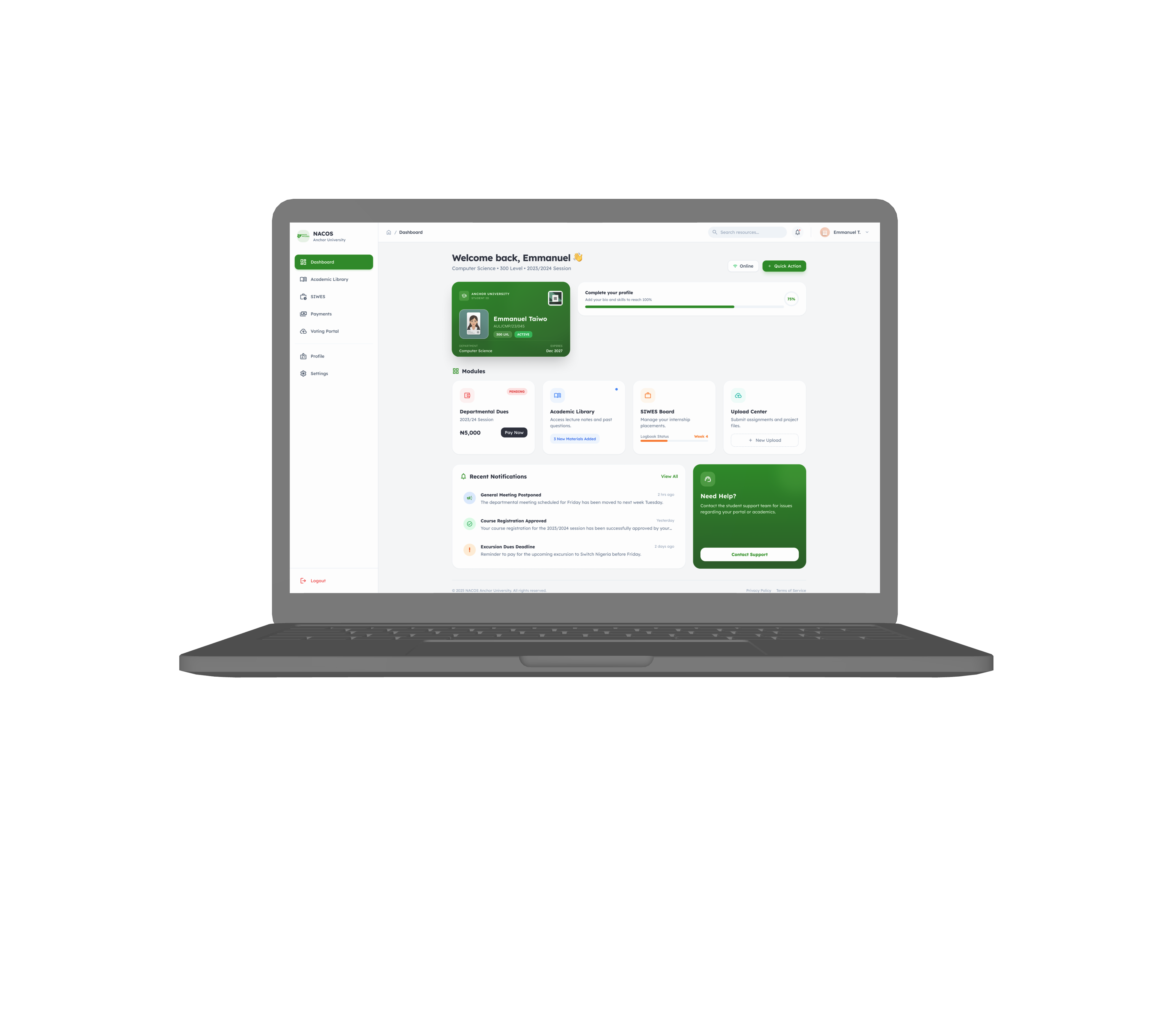 NACOS Student Portal web app mockup